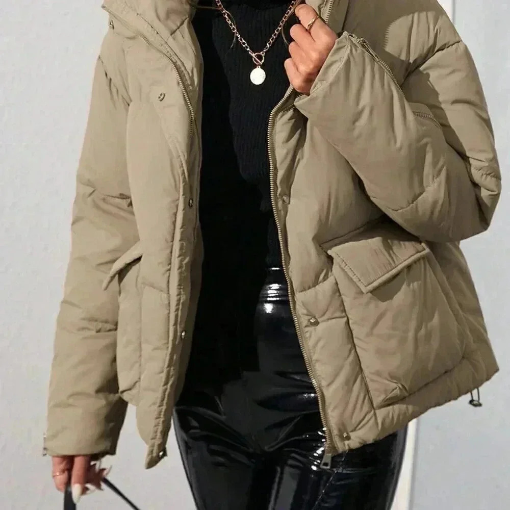 Khaki Casual Women's Loose Stand Collar Padded Puffer Coat - Picture 4 of 6